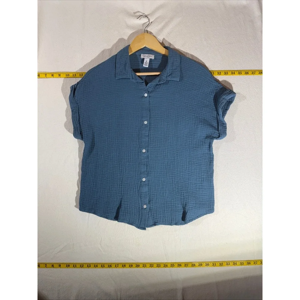 Jessica Simpson Button Down Top Med Blue Cotton Gauze Shortsleeve Easy Relaxed